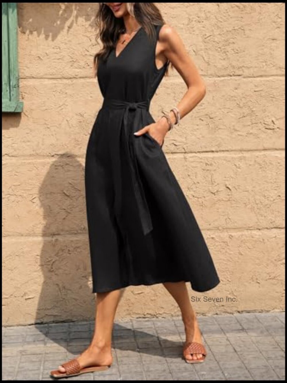 100% Linen Midi Dress with V Neck Sleeveless Design and Waist Belt - Picture 3 of 7